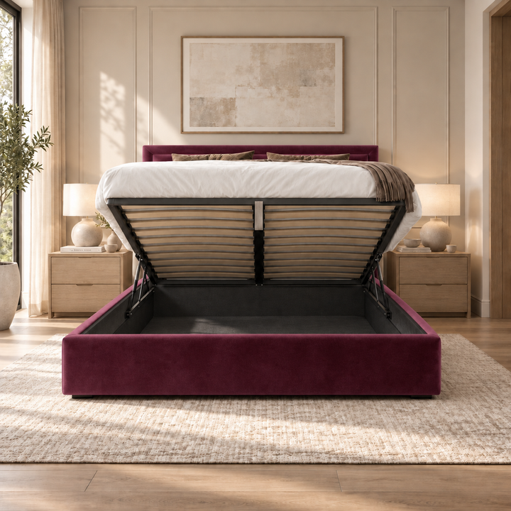 Sloane plush velvet ottoman sleigh bed in wine - ottoman storage open