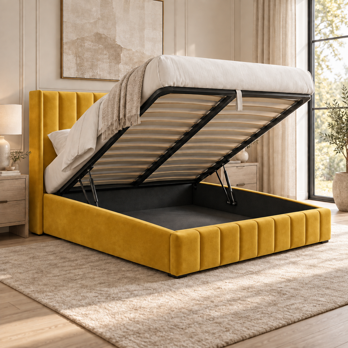 Kensington plush velvet ottoman sleigh bed in mustard - alternate view