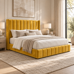 Kensington plush velvet ottoman sleigh bed in mustard