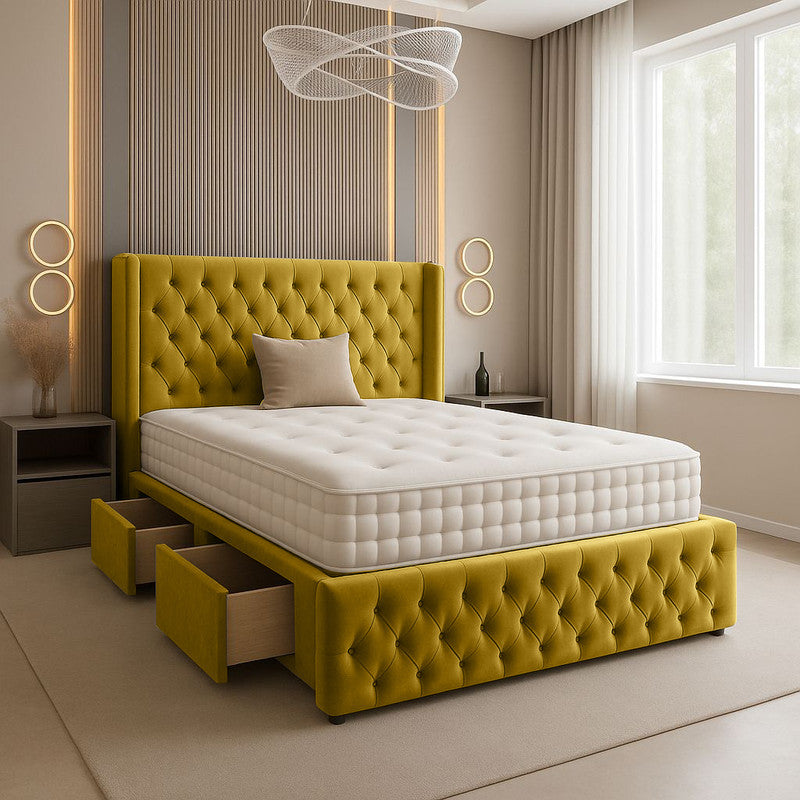 Chesterfield Plush Velvet Divan Bed, Winged Headboard