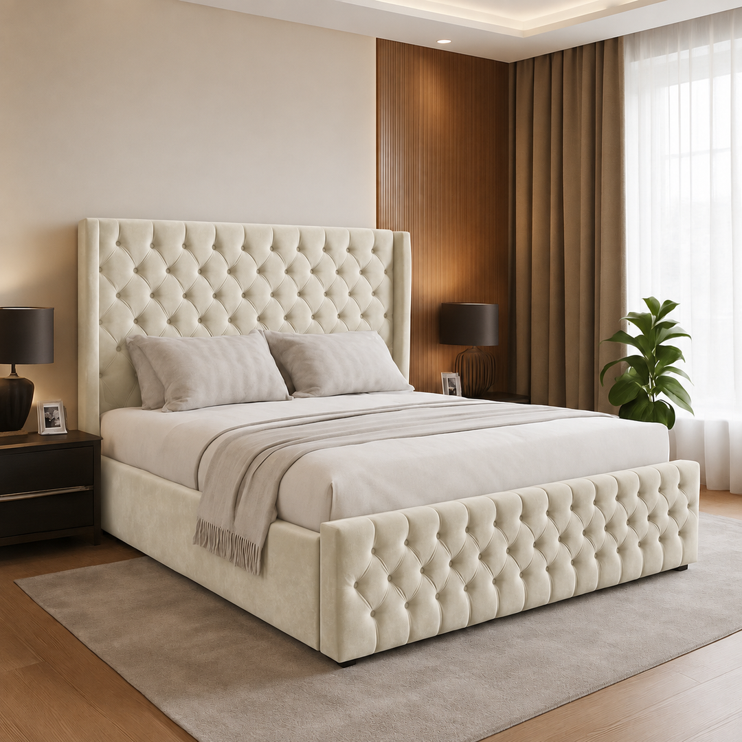 Chesterfield Winged Plush Velvet Ottoman Storage Bed