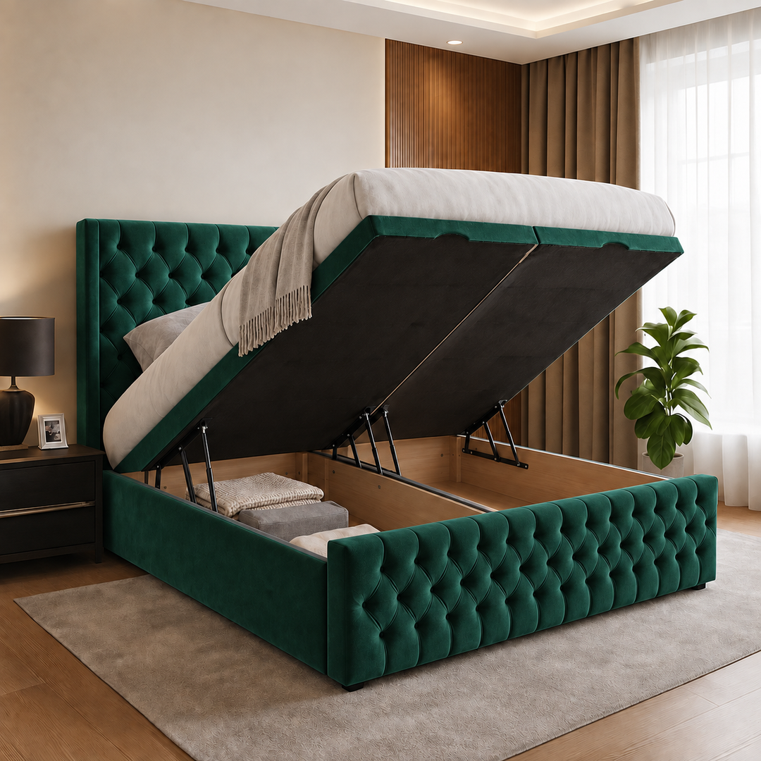 Chesterfield Winged Plush Velvet Ottoman Storage Bed