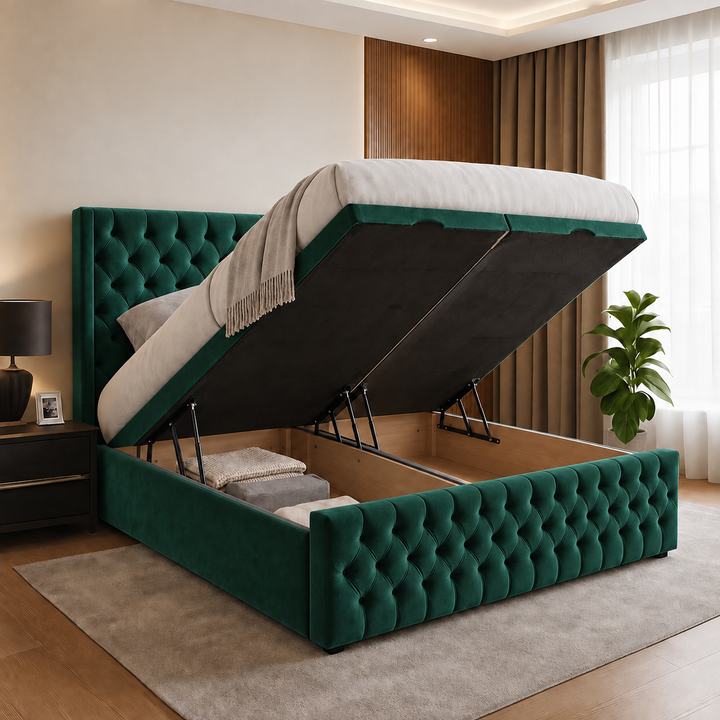 Chesterfield Winged Plush Velvet Ottoman Storage Bed