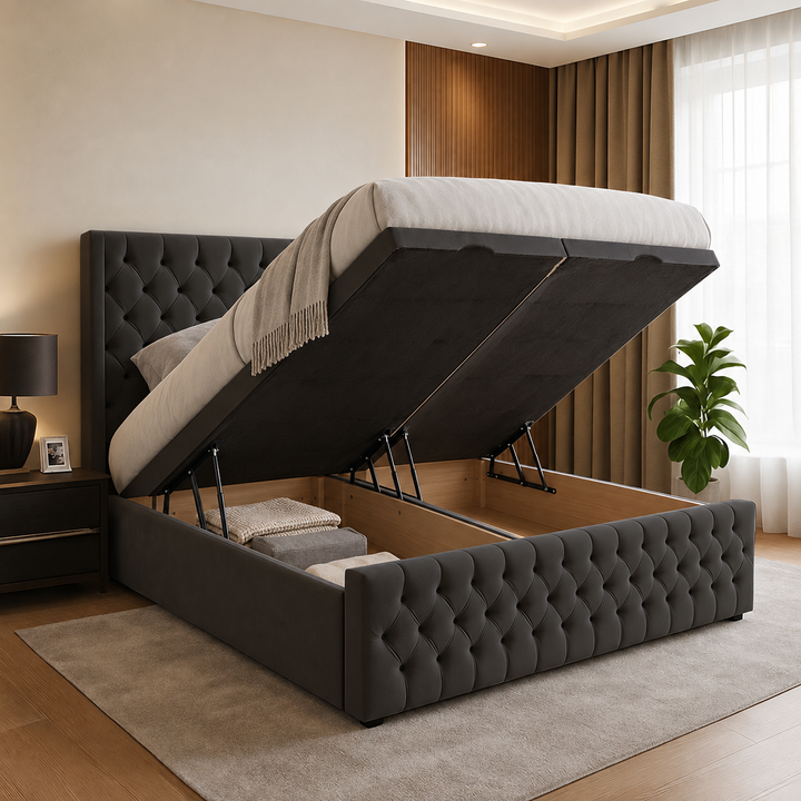Chesterfield Winged Plush Velvet Ottoman Storage Bed