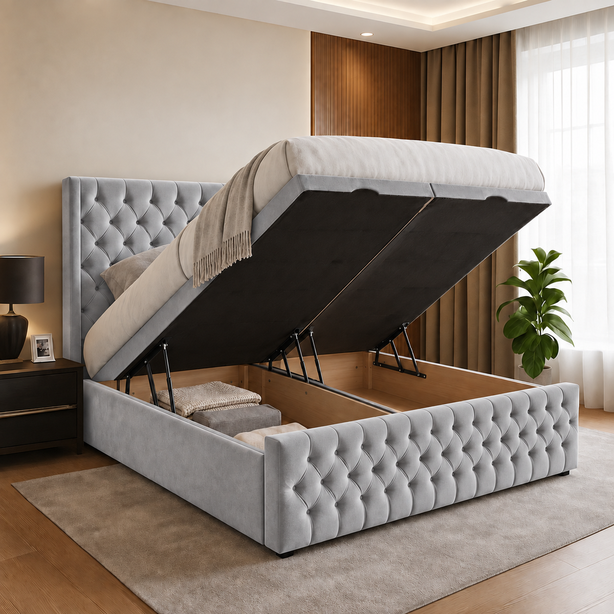 Chesterfield Winged Plush Velvet Ottoman Storage Bed