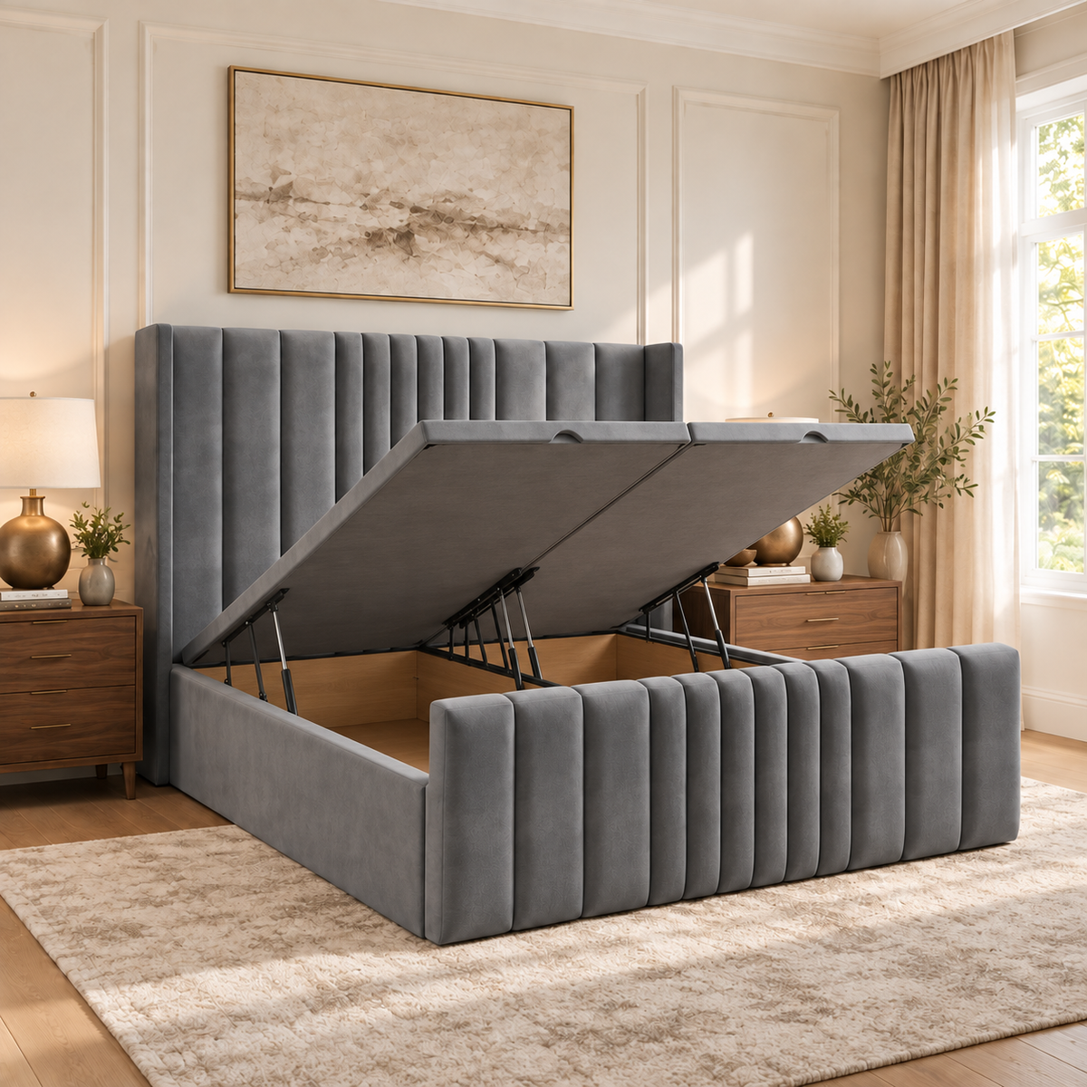 Miami Winged Plush Velvet Ottoman Storage Bed