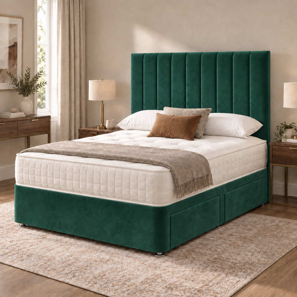 Portland Plush Velvet Divan Bed, 50" Headboard