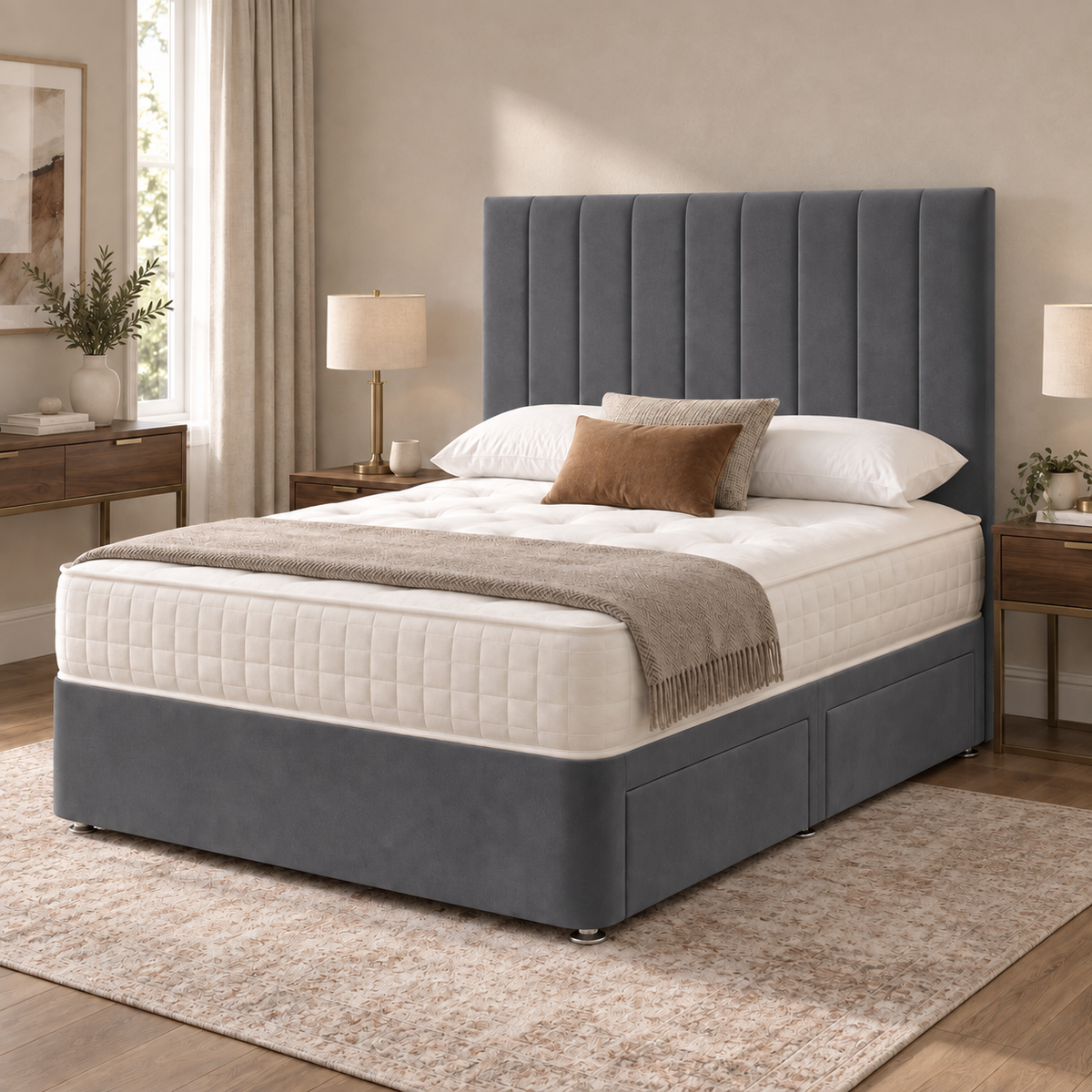Portland Plush Velvet Divan Bed, 50" Headboard