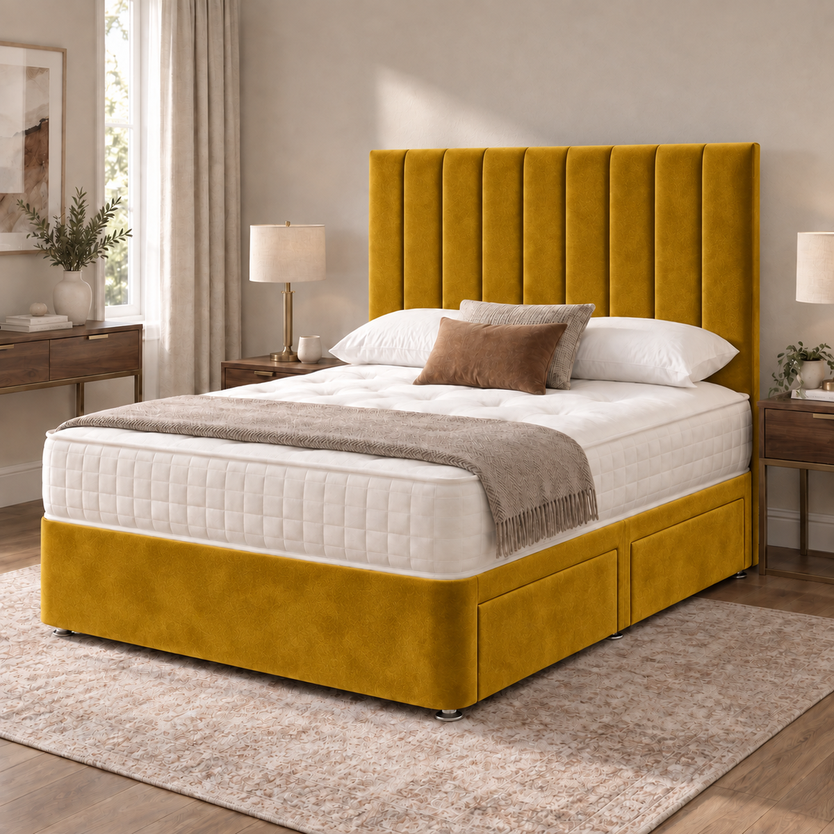 Portland Plush Velvet Divan Bed, 50" Headboard