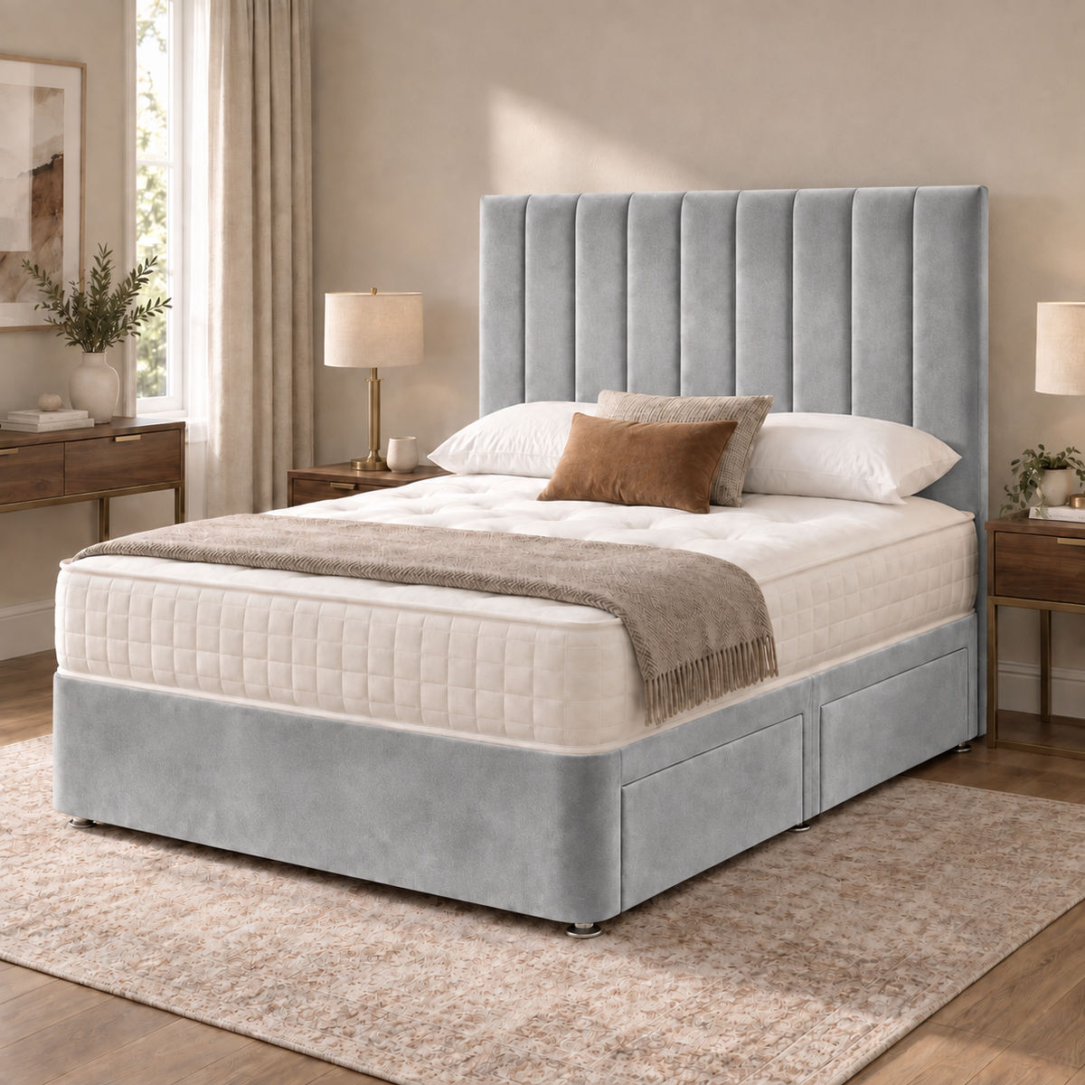 Portland Plush Velvet Divan Bed, 50" Headboard