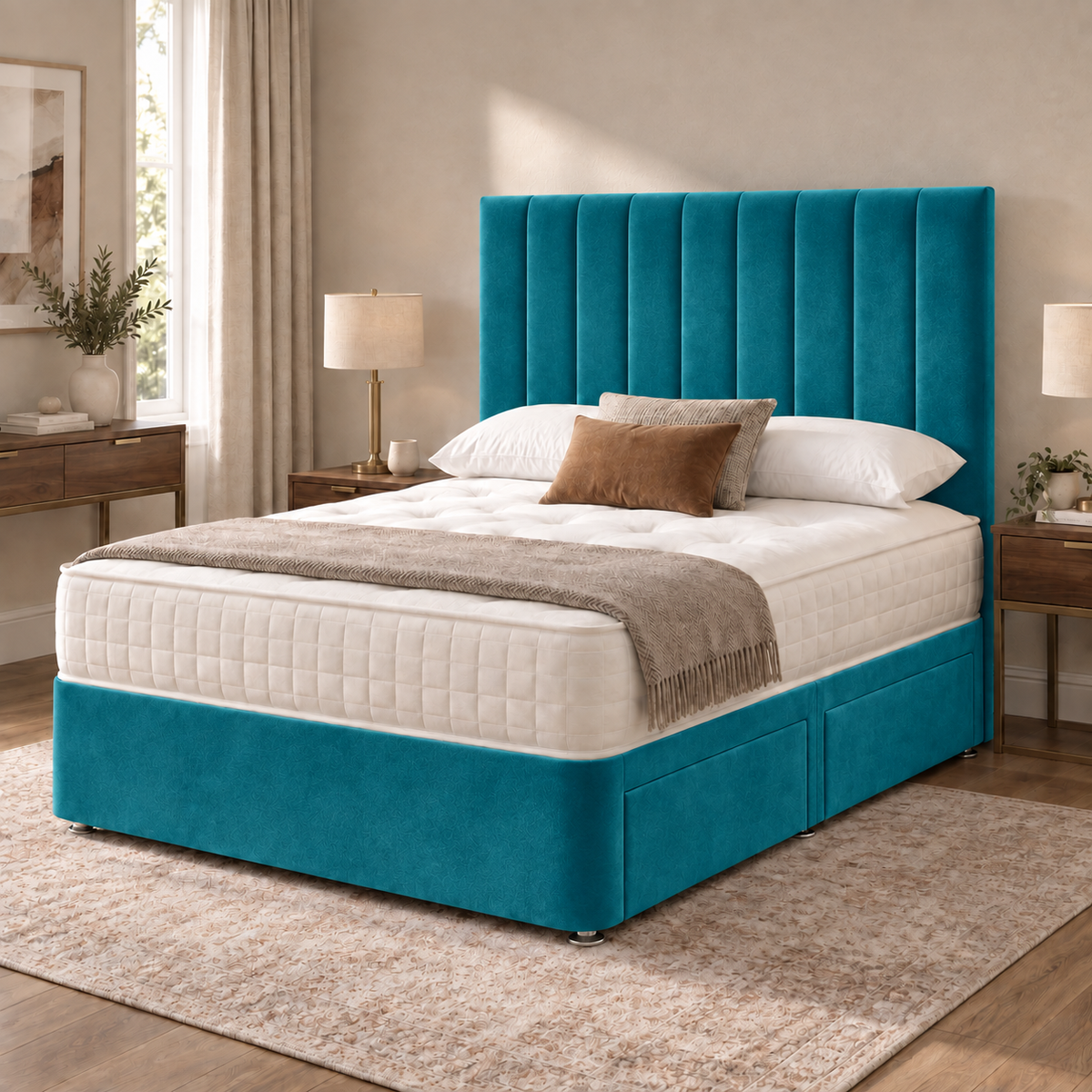 Portland Plush Velvet Divan Bed, 50" Headboard