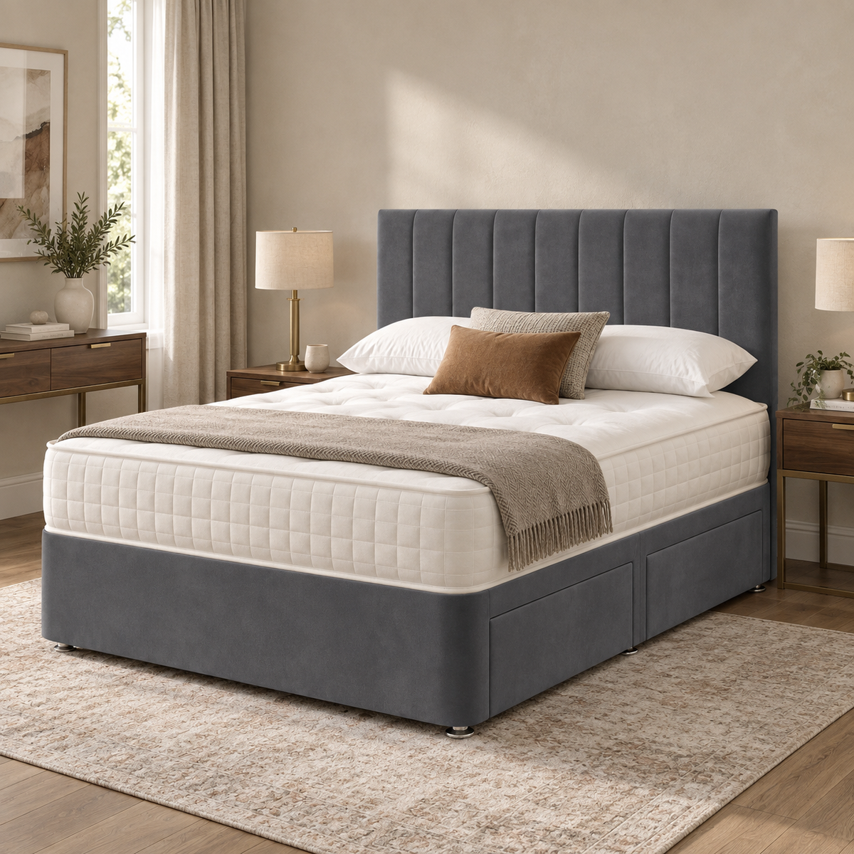 Portland Plush Velvet Divan Bed, Headboard